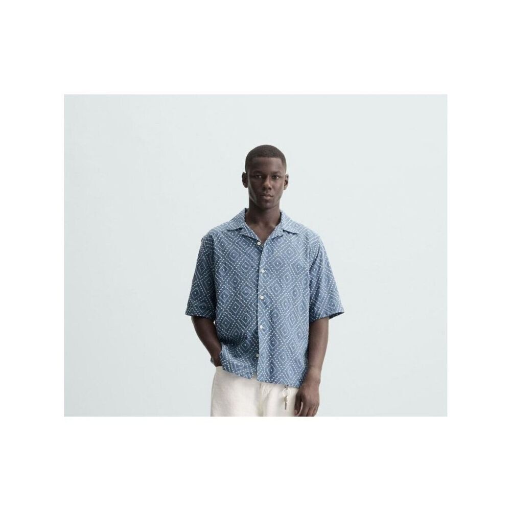Zara Men Camp Top Shirt L Blue Contrast Embroidered Short Sleeve 1063/308 NWT